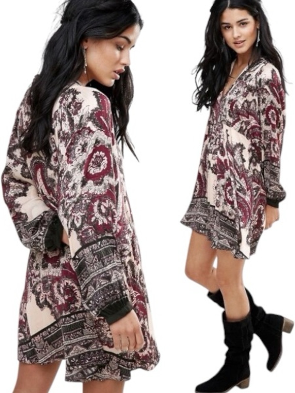 Free People Say Youll Love Me Paisley Floral Boho Balloon Sleeve Dress